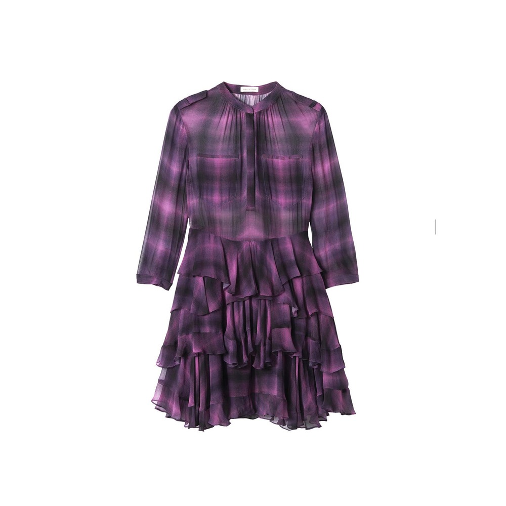 Rebecca Taylor Long Sleeve Plaid Ruffle Dress in Berry Size 2 Purple Black Sheer - Picture 4 of 16